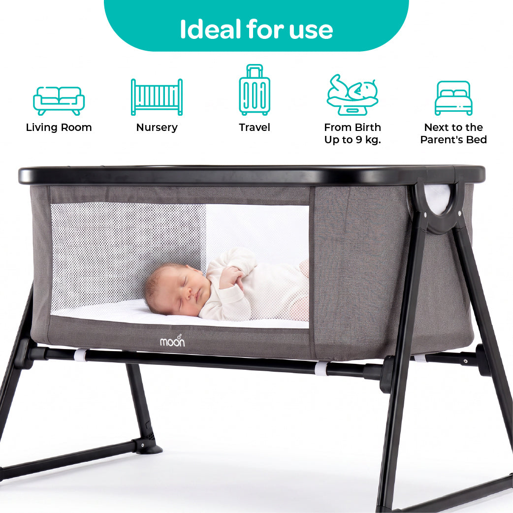 MOON Serene Foldable Baby Bassinet - Breathable Mesh, Aluminium Frame, Carry Bag Included - Dark grey