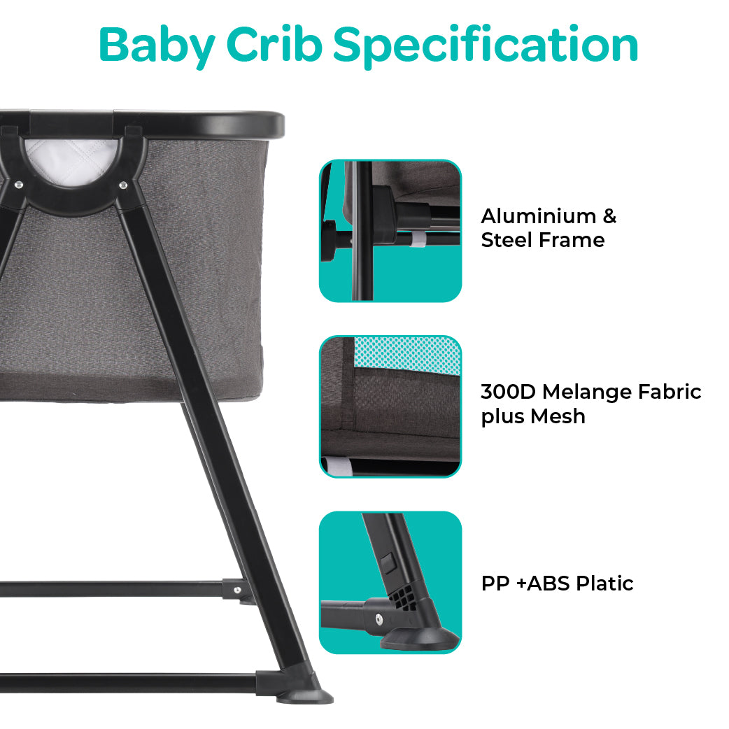 MOON Serene Foldable Baby Bassinet - Breathable Mesh, Aluminium Frame, Carry Bag Included - Dark grey — The Moon Brand product image