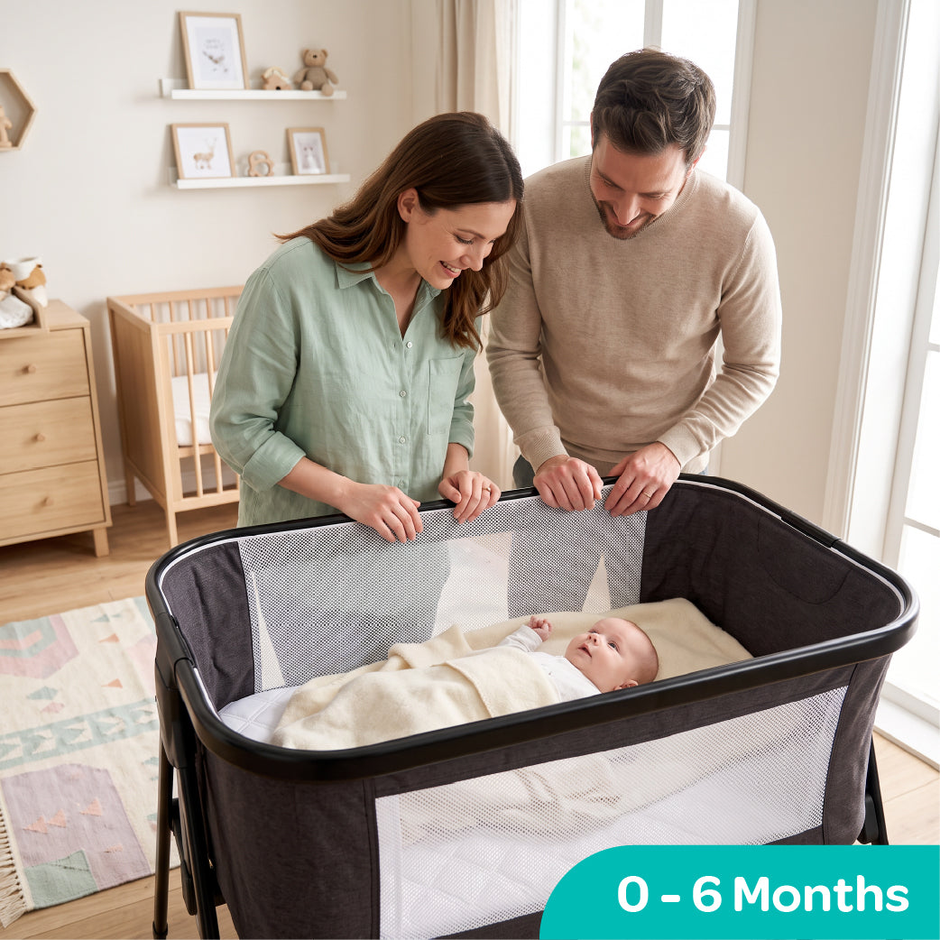 MOON Serene Foldable Baby Bassinet - Breathable Mesh, Aluminium Frame, Carry Bag Included - Dark grey — The Moon Brand product image