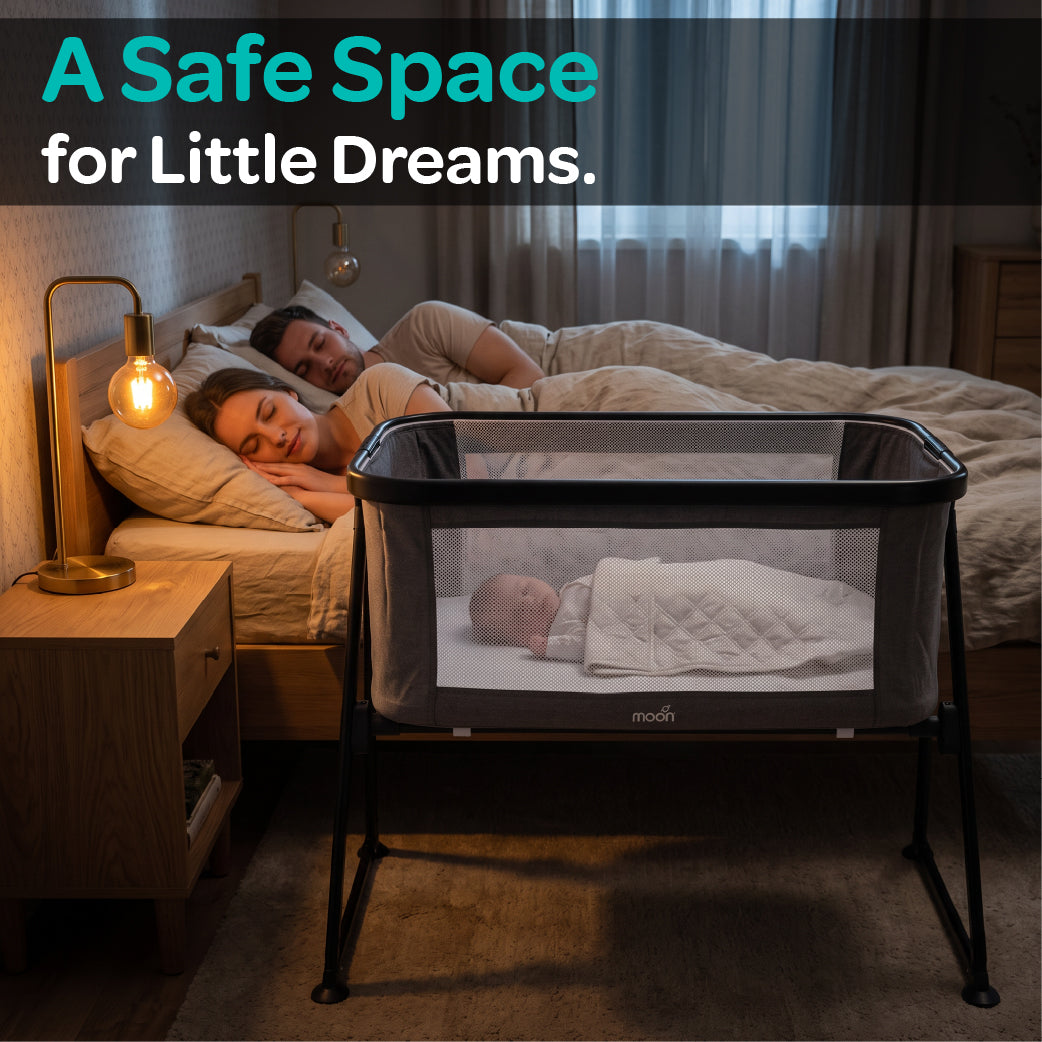 MOON Serene Foldable Baby Bassinet - Breathable Mesh, Aluminium Frame, Carry Bag Included - Dark grey — The Moon Brand product image