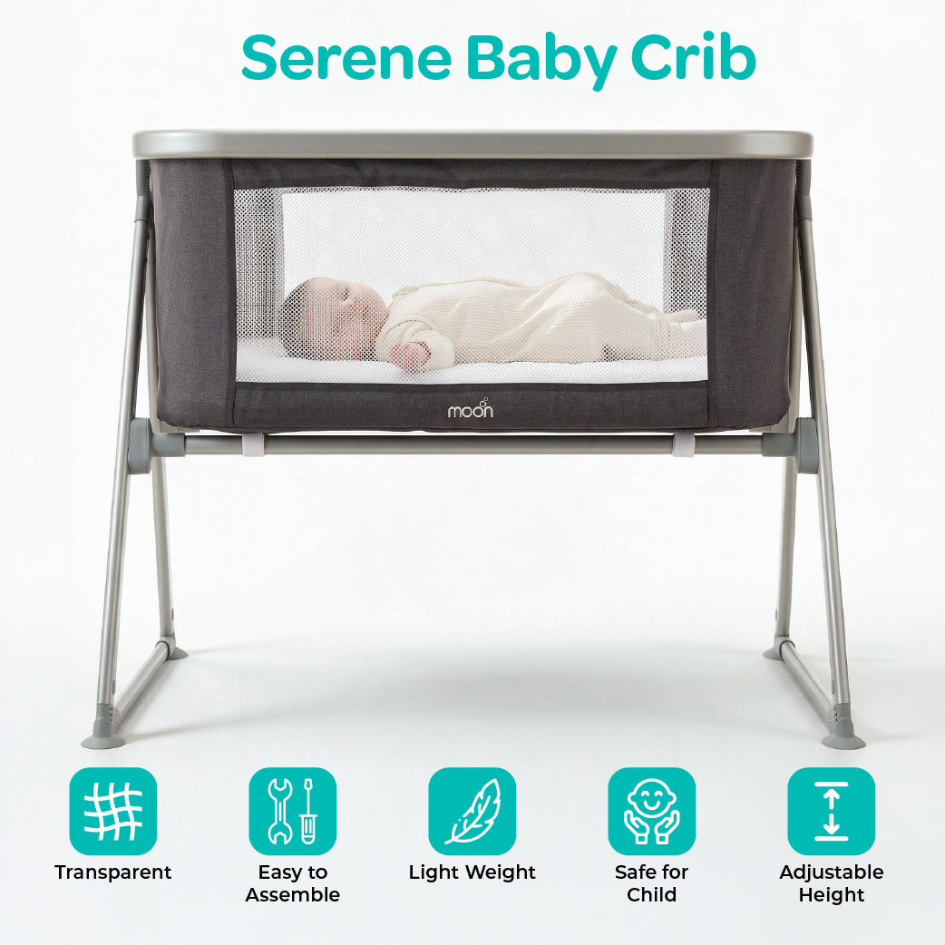 MOON Serene Foldable Baby Bassinet - Breathable Mesh, Aluminium Frame, Carry Bag Included - Black