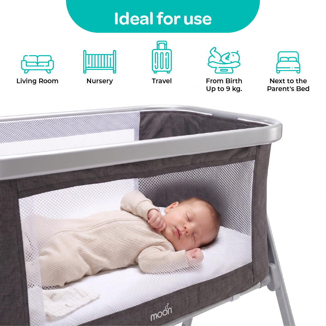 MOON Serene Foldable Baby Bassinet - Breathable Mesh, Aluminium Frame, Carry Bag Included - Black — The Moon Brand product image