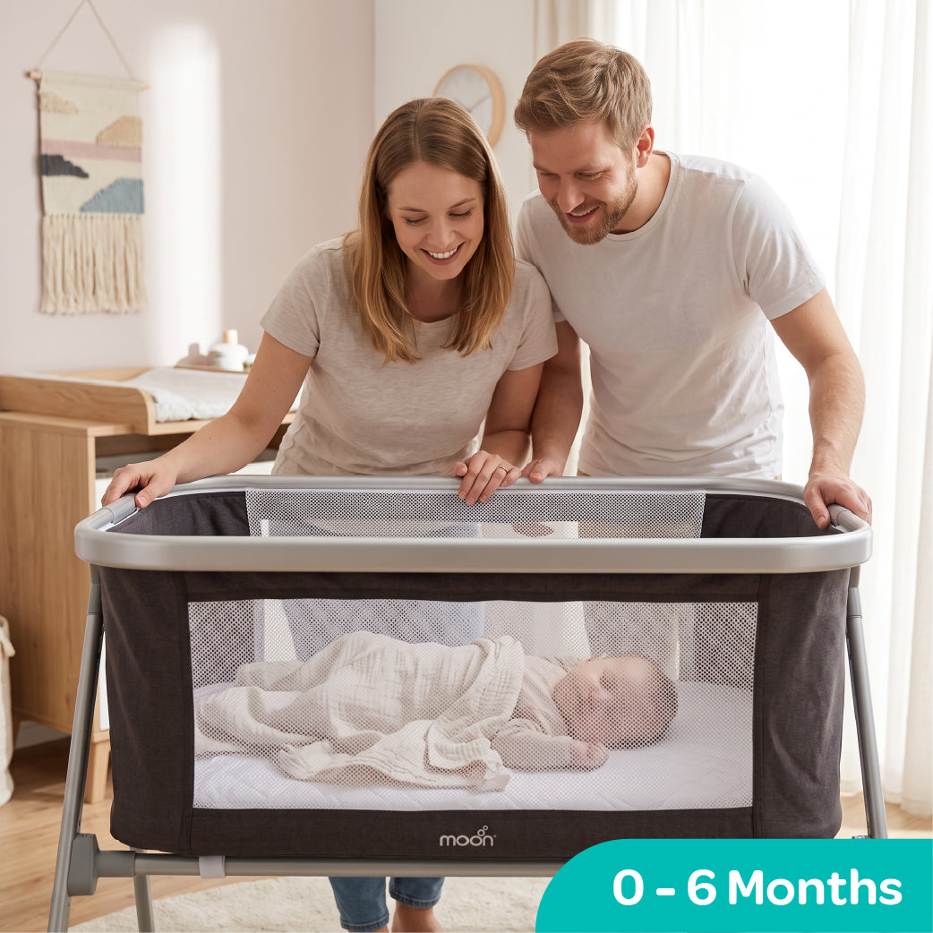 MOON Serene Foldable Baby Bassinet - Breathable Mesh, Aluminium Frame, Carry Bag Included - Black — The Moon Brand product image