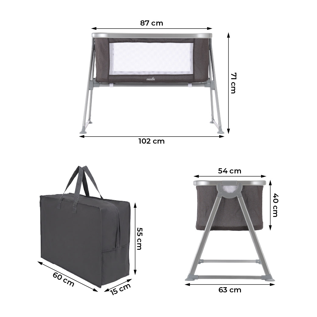 MOON Serene Foldable Baby Bassinet - Breathable Mesh, Aluminium Frame, Carry Bag Included - Black — The Moon Brand product image