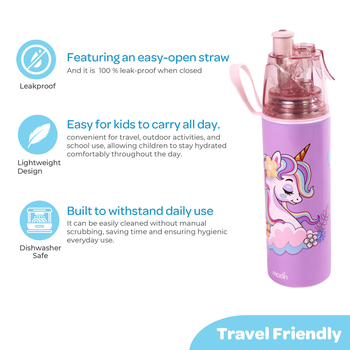 MOON Unicorn Kids Spray Mist Water Bottle 500ml Pink