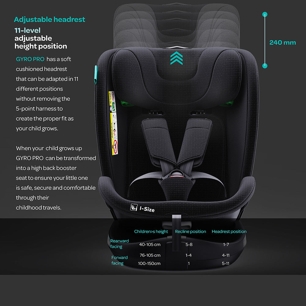 The Moon Brand Gyro Pro i-Size 360° Rotating Car Seat w/ISOFIX for 40-150cm-Black/Grey