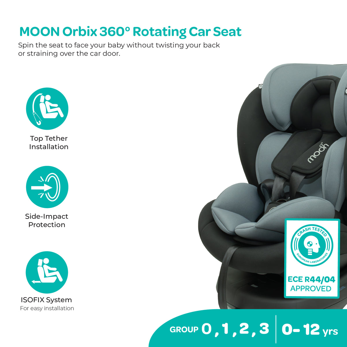 MOON Orbix 360° rotating Car Seat -0+/1/2/3, ISOFIX & Latch, Crash Tested (0-36kg)-Black — The Moon Brand product image