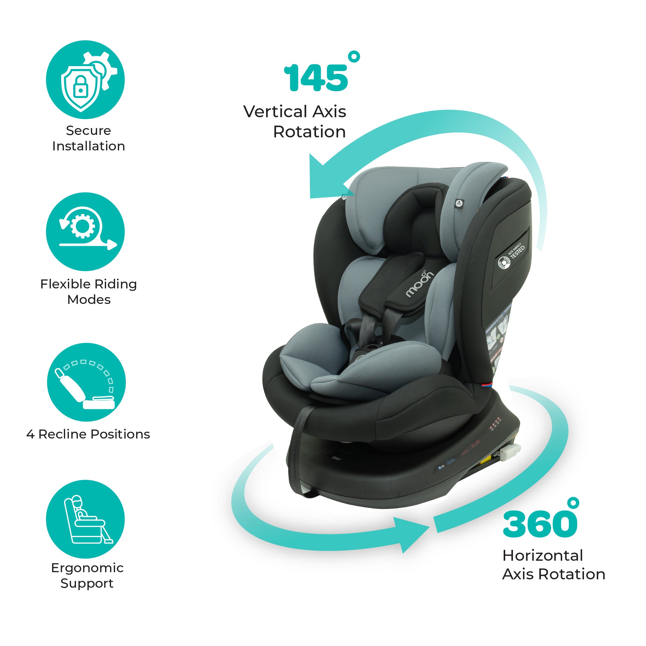 MOON Orbix 360° rotating Car Seat -0+/1/2/3, ISOFIX & Latch, Crash Tested (0-36kg)-Black