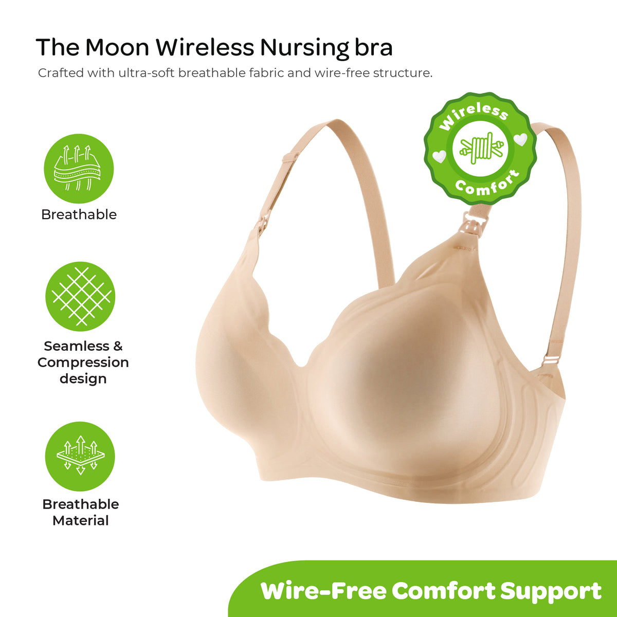 MOON Seamless Nursing Bra – Wireless Maternity Breastfeeding Bra (Beige)