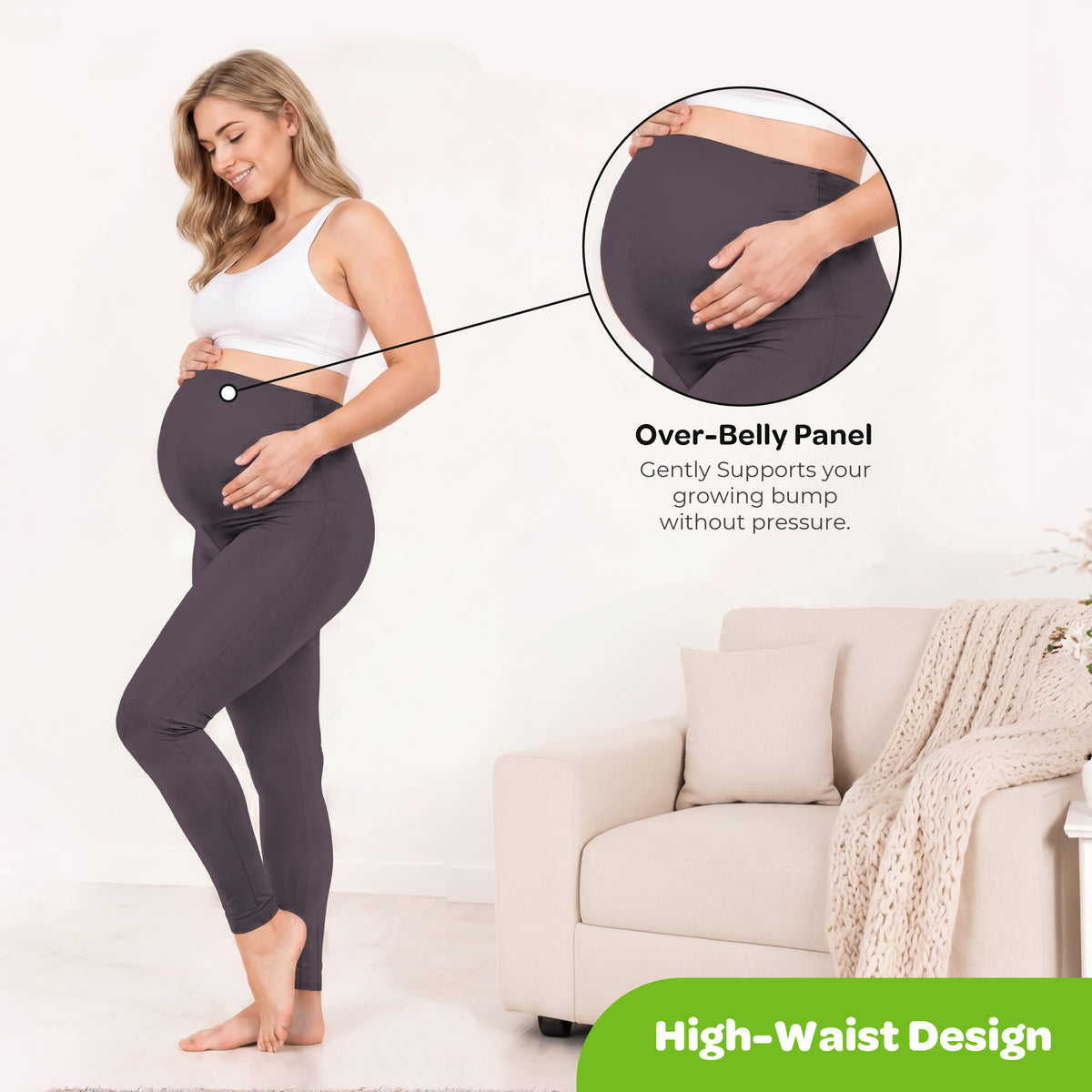 MOON Maternity Leggings – High Waist Belly Support Pants (Black)