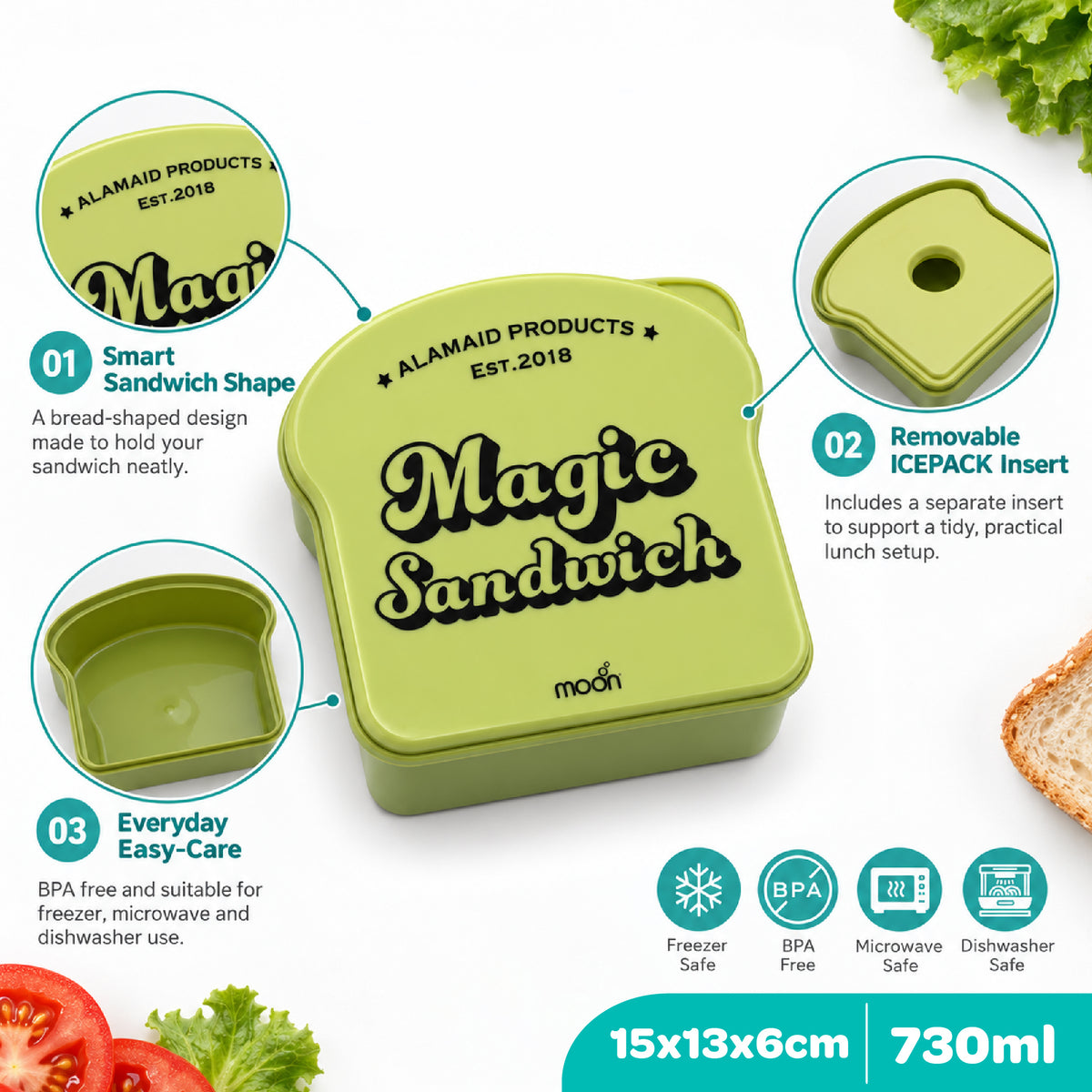 Moon Magic Sandwich Box for Kids – Bread-Shaped Lunch Container with Built-In Ice Pack Lid, 730ml
