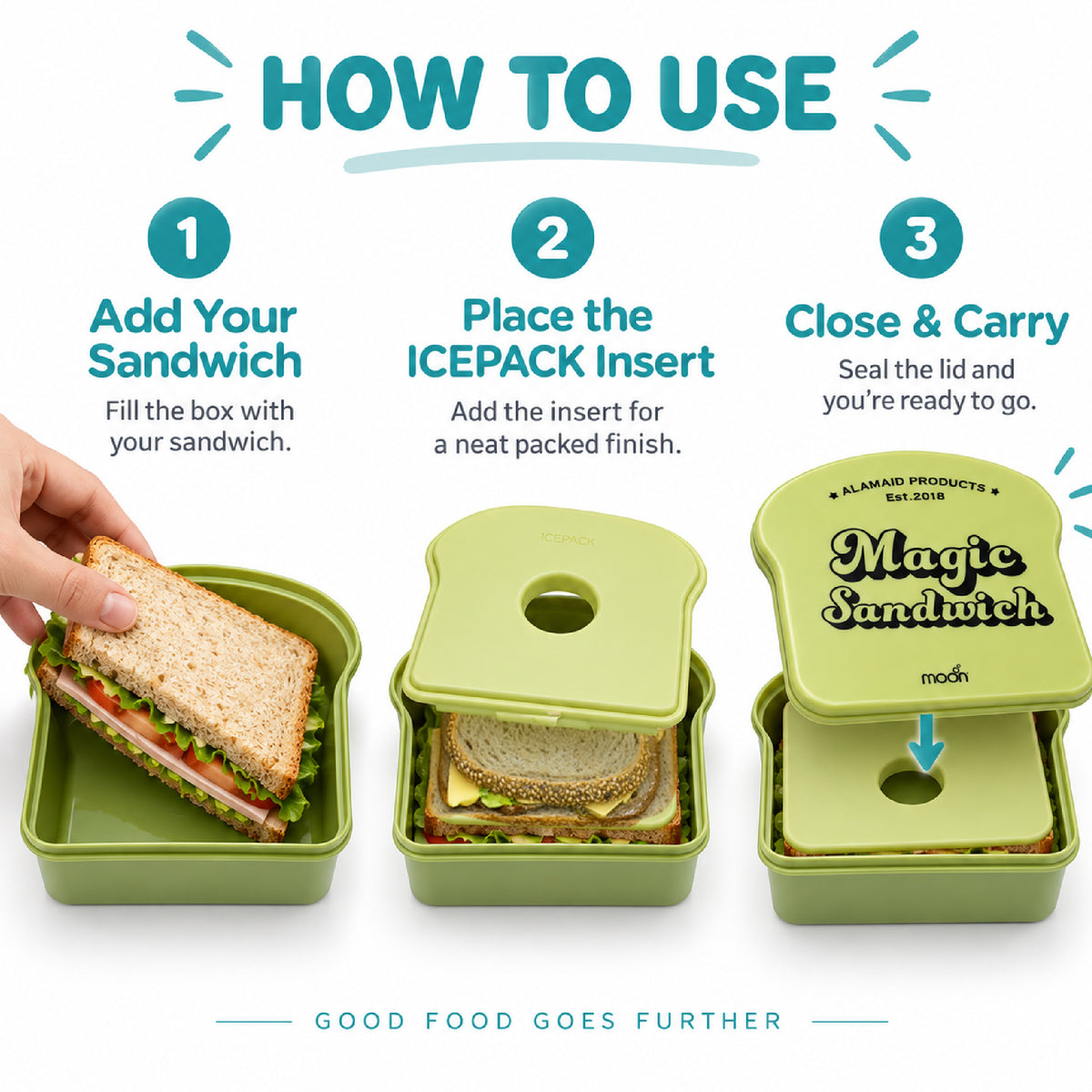 Moon Magic Sandwich Box for Kids – Bread-Shaped Lunch Container with Built-In Ice Pack Lid, 730ml