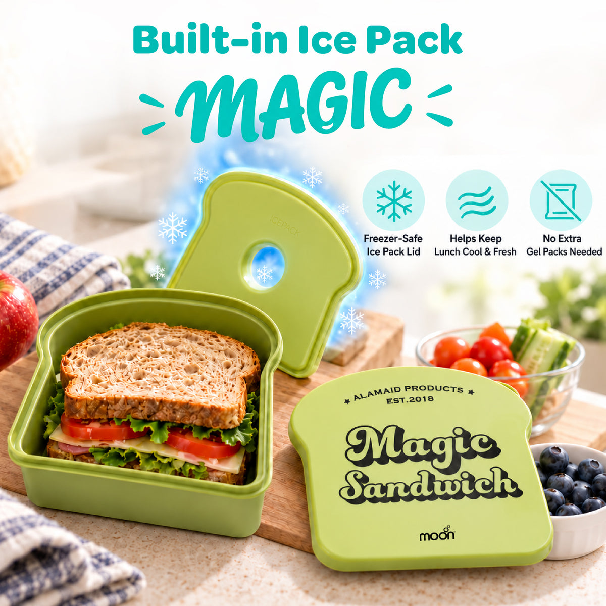 Moon Magic Sandwich Box for Kids – Bread-Shaped Lunch Container with Built-In Ice Pack Lid, 730ml