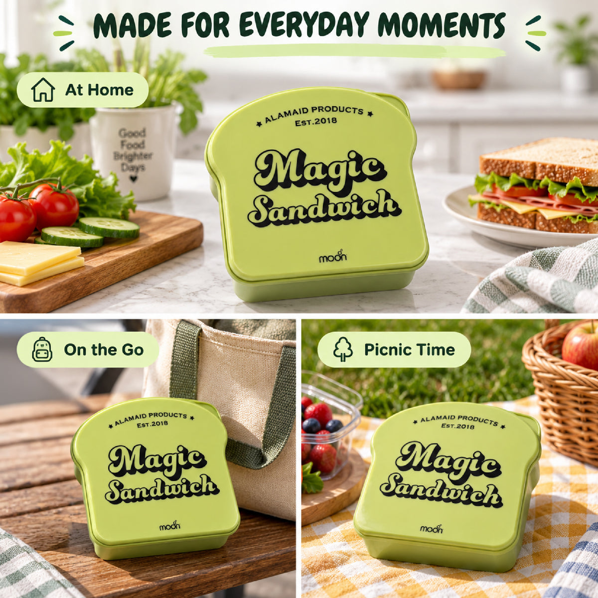 Moon Magic Sandwich Box for Kids – Bread-Shaped Lunch Container with Built-In Ice Pack Lid, 730ml