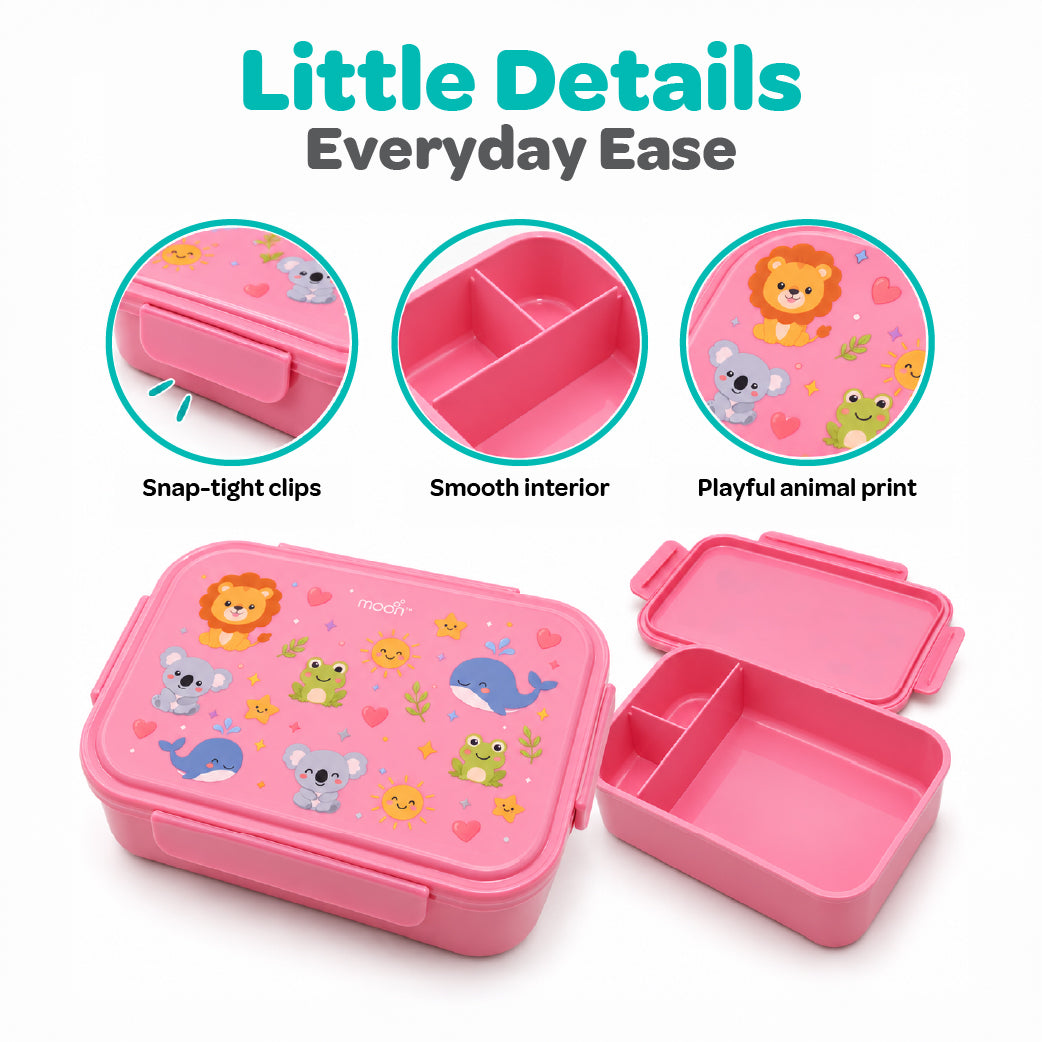 Moon Kids Lunch Box – Pink Leak-Proof Bento Box with Cute Animal Prints