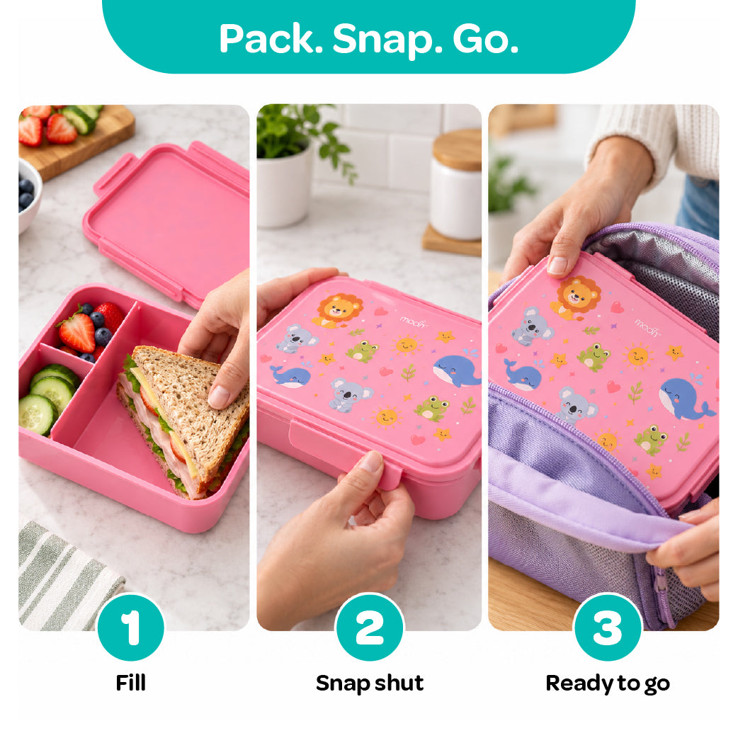 Moon Kids Lunch Box – Pink Leak-Proof Bento Box with Cute Animal Prints