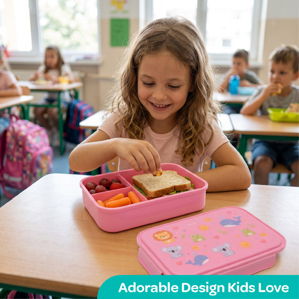 Moon Kids Lunch Box – Pink Leak-Proof Bento Box with Cute Animal Prints