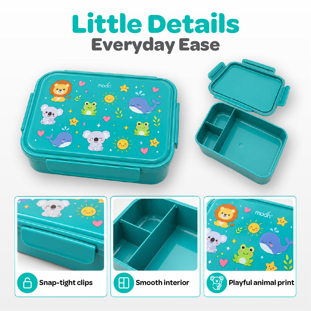 Moon Kids Lunch Box – Green Leak-Proof Bento Box with Cute Animal Prints