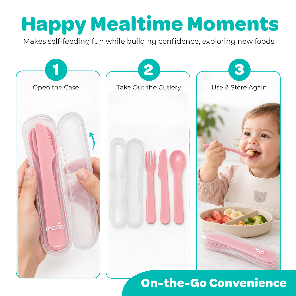 MOON 4-Piece Toddler Cutlery Set with Travel Case | Pink