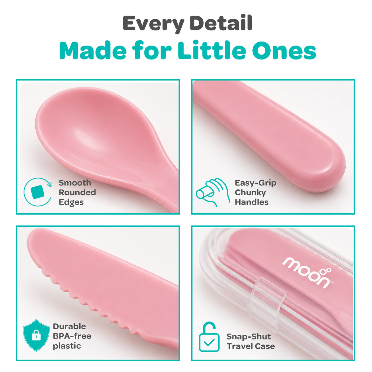 MOON 4-Piece Toddler Cutlery Set with Travel Case | Pink