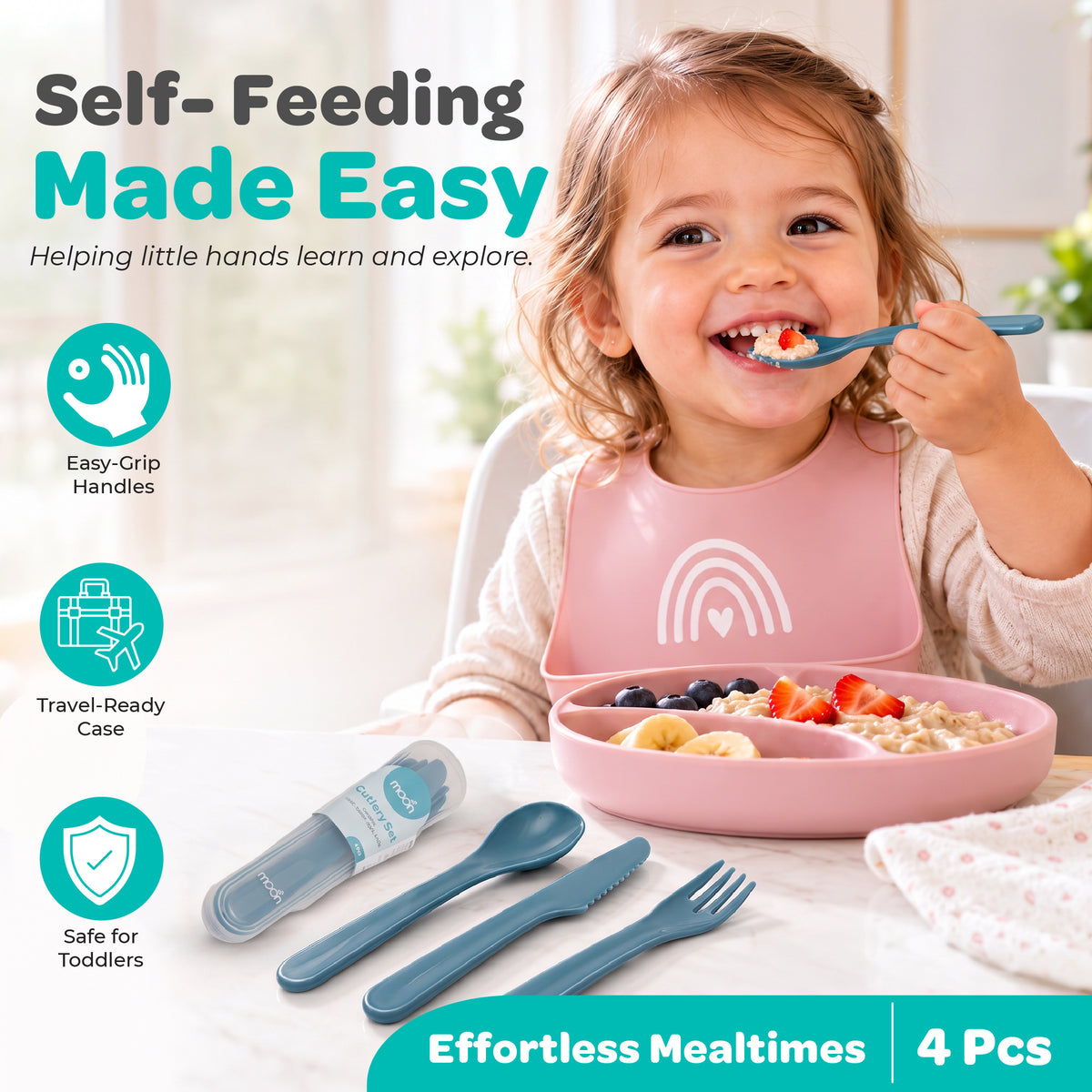 MOON 4-Piece Toddler Cutlery Set with Travel Case | Green