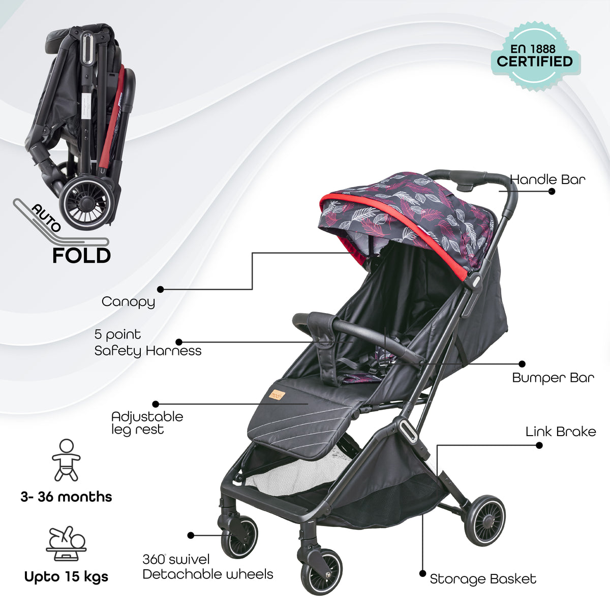 MOON Pronto Autofold stroller -Leaf Pattern — The Moon Brand product image