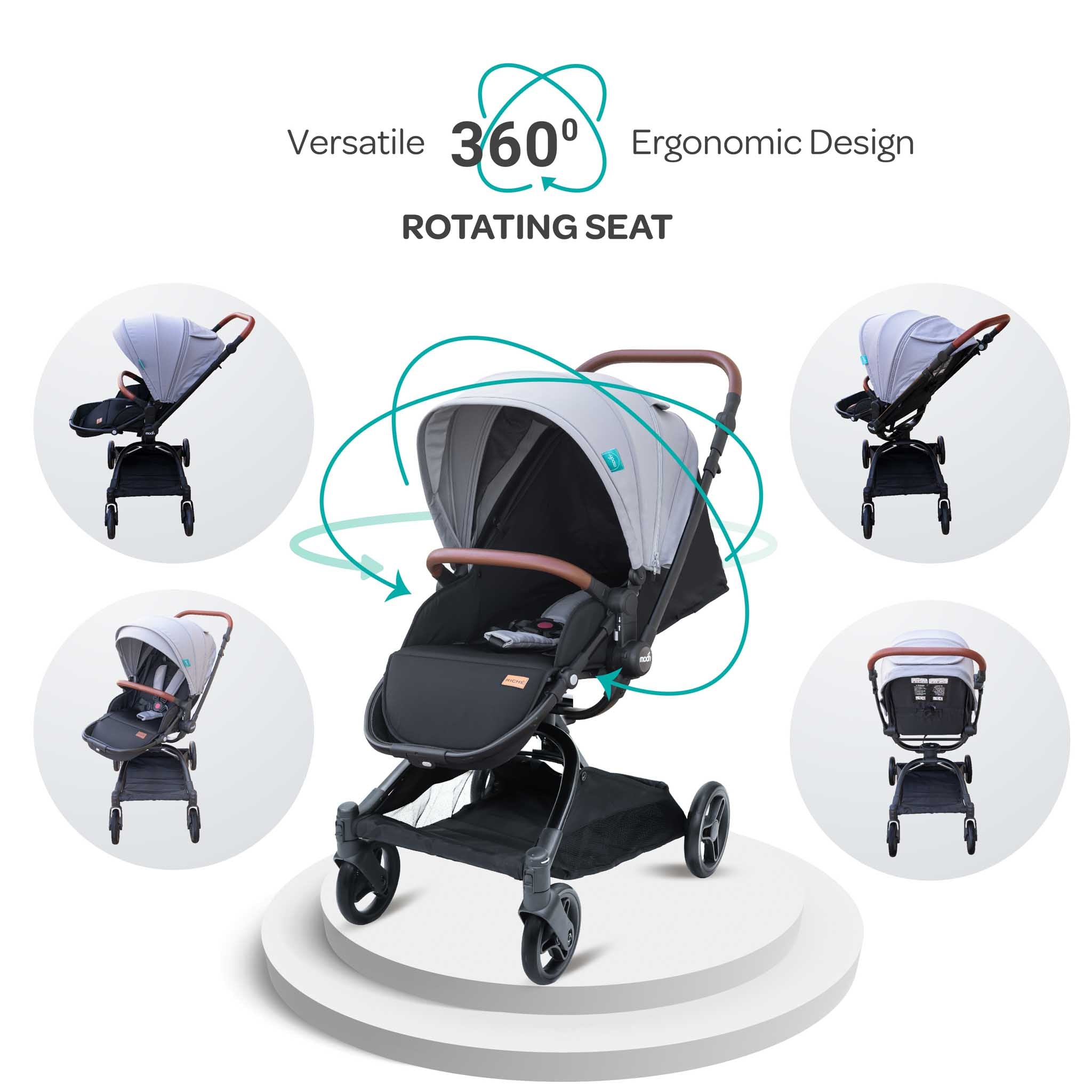 MOON Riche Advanced Baby Stroller ,360° Rotating Handle- Grey - The Moon Brand™
