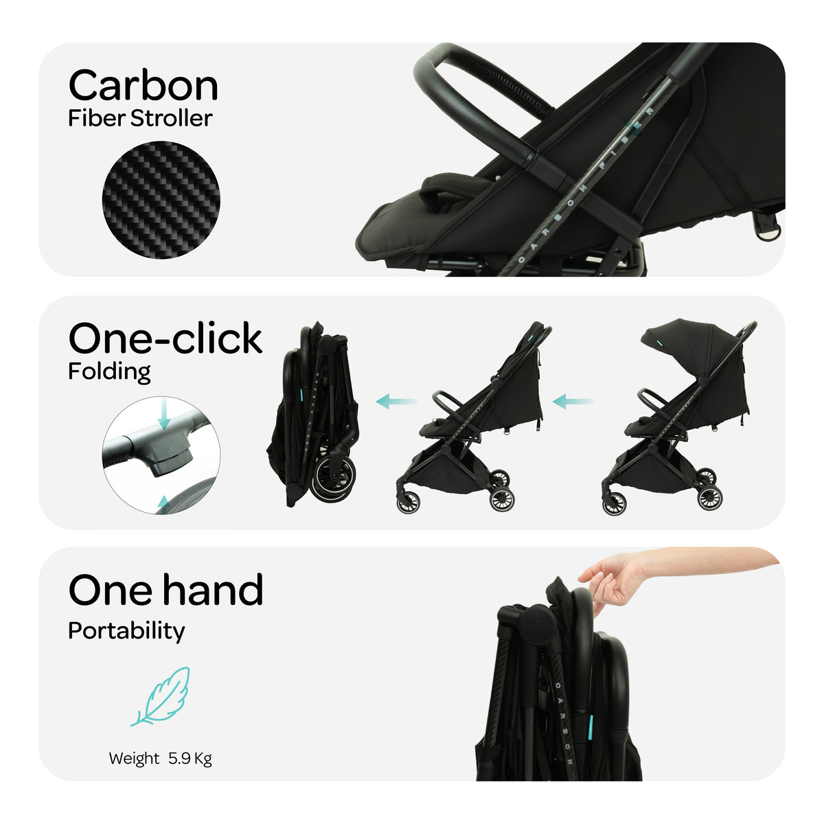 The MOON Brand Tripzi Carbon Fiber Cabin Stroller – Ultra-Lightweight Travel-Ready Stroller with Easy Fold, Five-Point Safety Harness & Leather Handle - The Moon Brand™