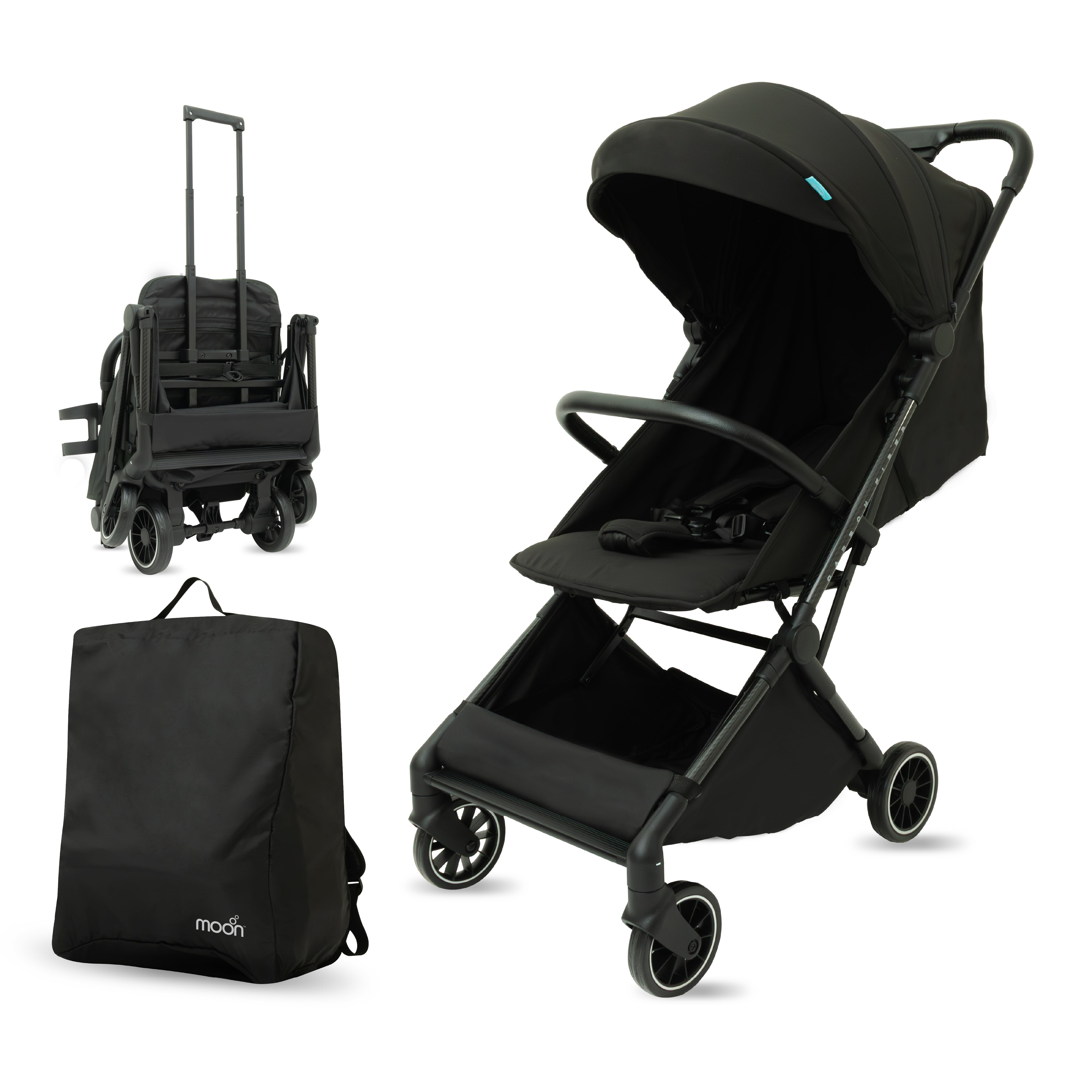 The MOON Brand Tripzi Carbon Fiber Cabin Stroller – Ultra-Lightweight Travel-Ready Stroller with Easy Fold, Five-Point Safety Harness & Leather Handle - The Moon Brand™
