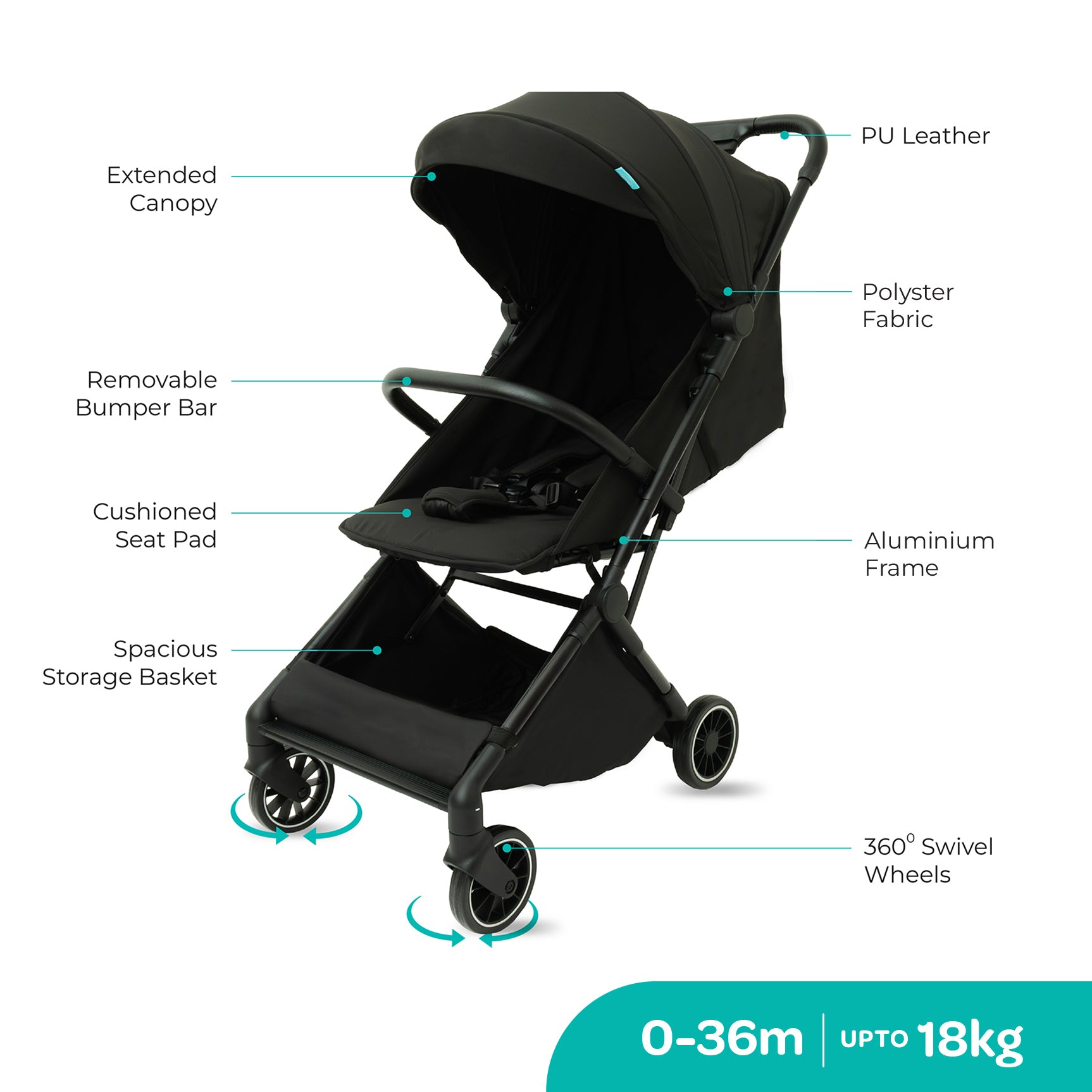 MOON Alora Lightweight Baby Stroller- Ultra Compact Cabin-Size Fold & UPF Canopy | 0-3 Years, Black