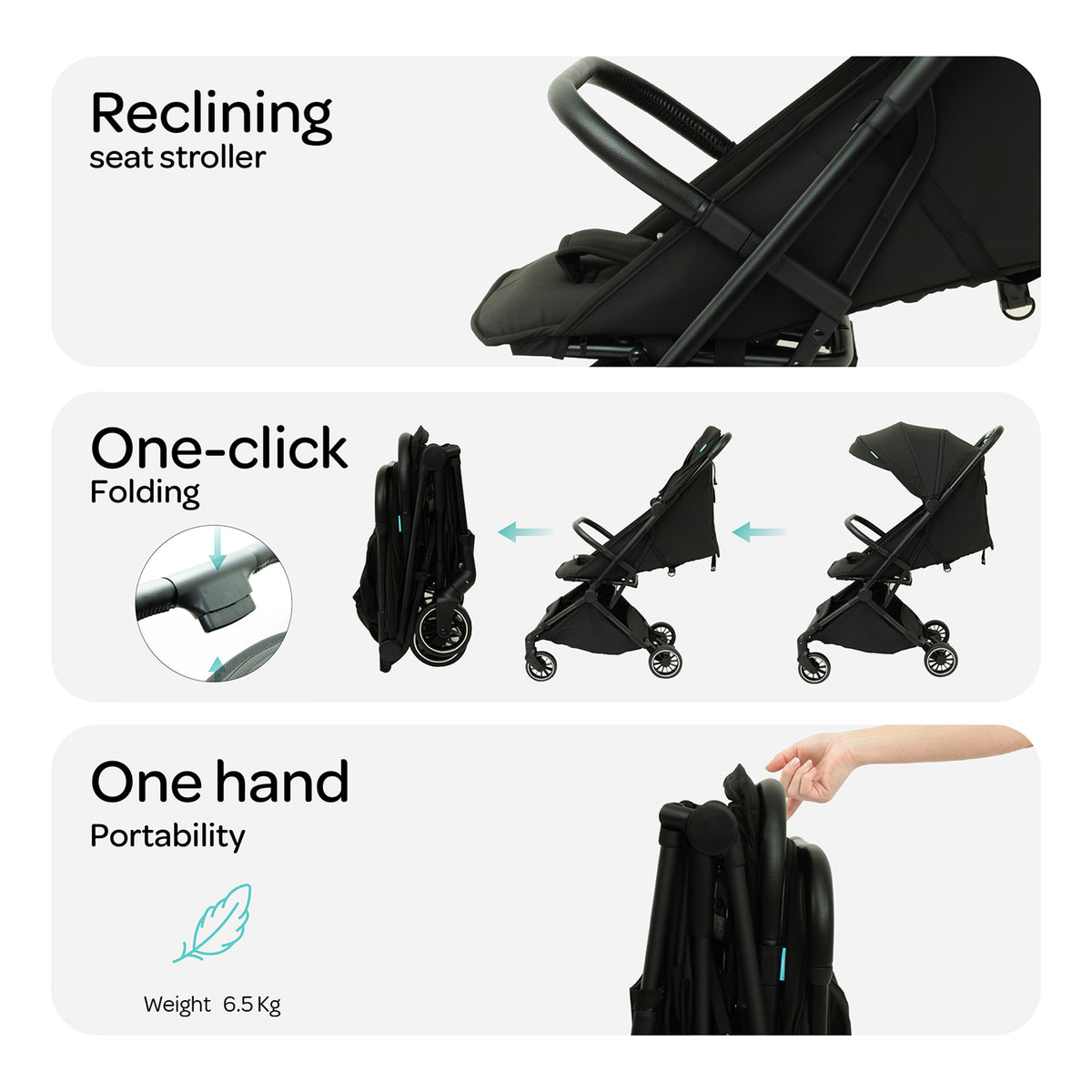 MOON Alora Lightweight Baby Stroller- Ultra Compact Cabin-Size Fold & UPF Canopy | 0-3 Years, Black — The Moon Brand product image
