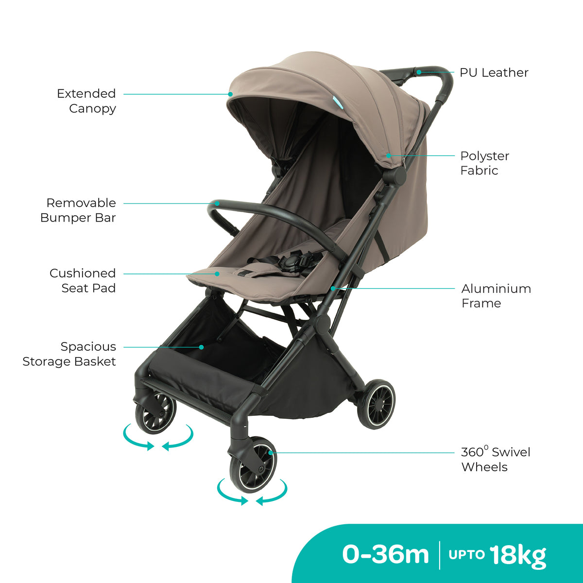 MOON Alora Lightweight Baby Stroller- Ultra Compact Cabin-Size Fold & UPF Canopy | 0-3 Years, Chocolate