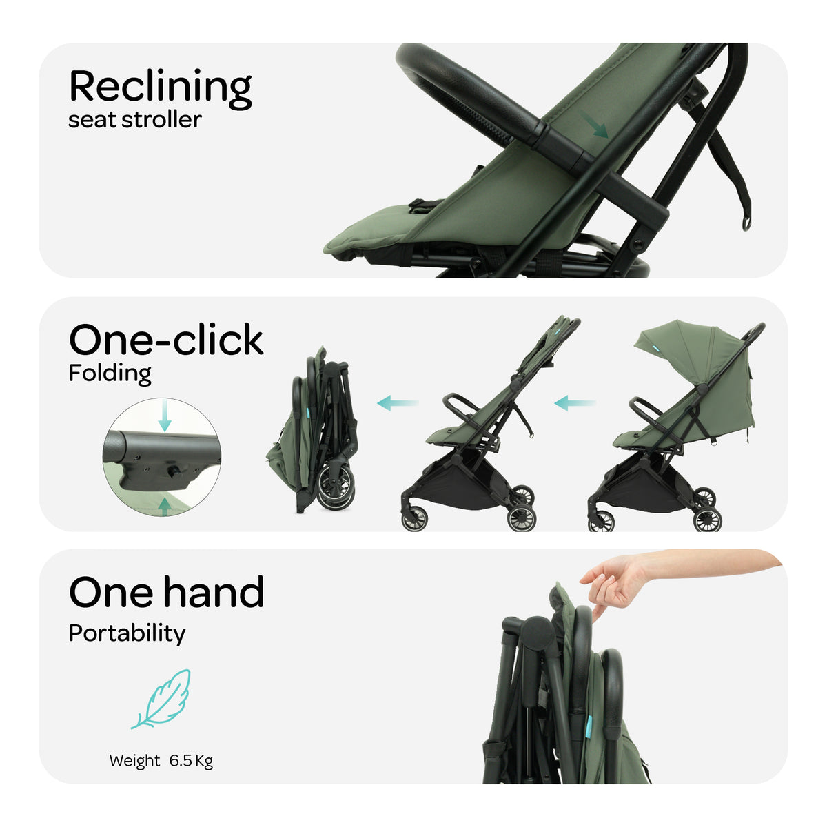 MOON Alora Lightweight Baby Stroller- Ultra Compact Cabin-Size Fold & UPF Canopy | 0-3 Years, Sage Green — The Moon Brand product image