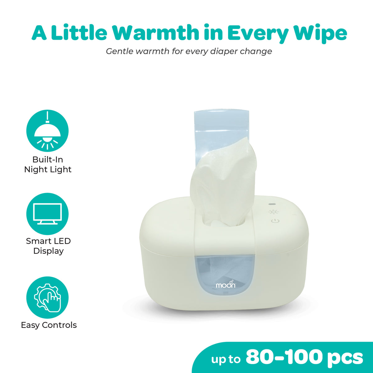 MOON Wipezy Baby Wipe Warmer with Night Light & LED Display, Adjustable Temp, Fits 80-100 Wipes-White