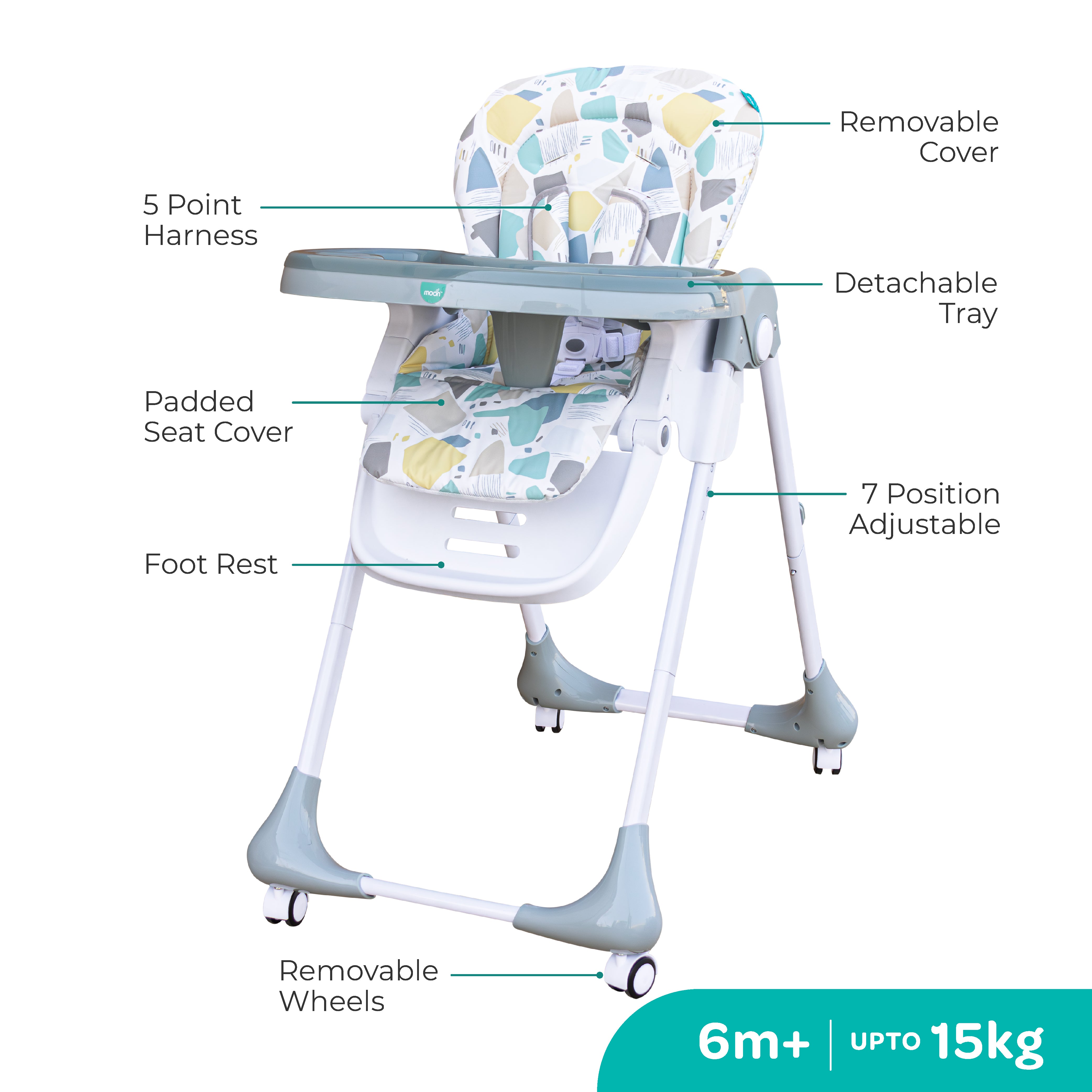 MOON Apex Baby Highchair With 7 adjustable heights and Reclining Feature-Grey - The Moon Brand™