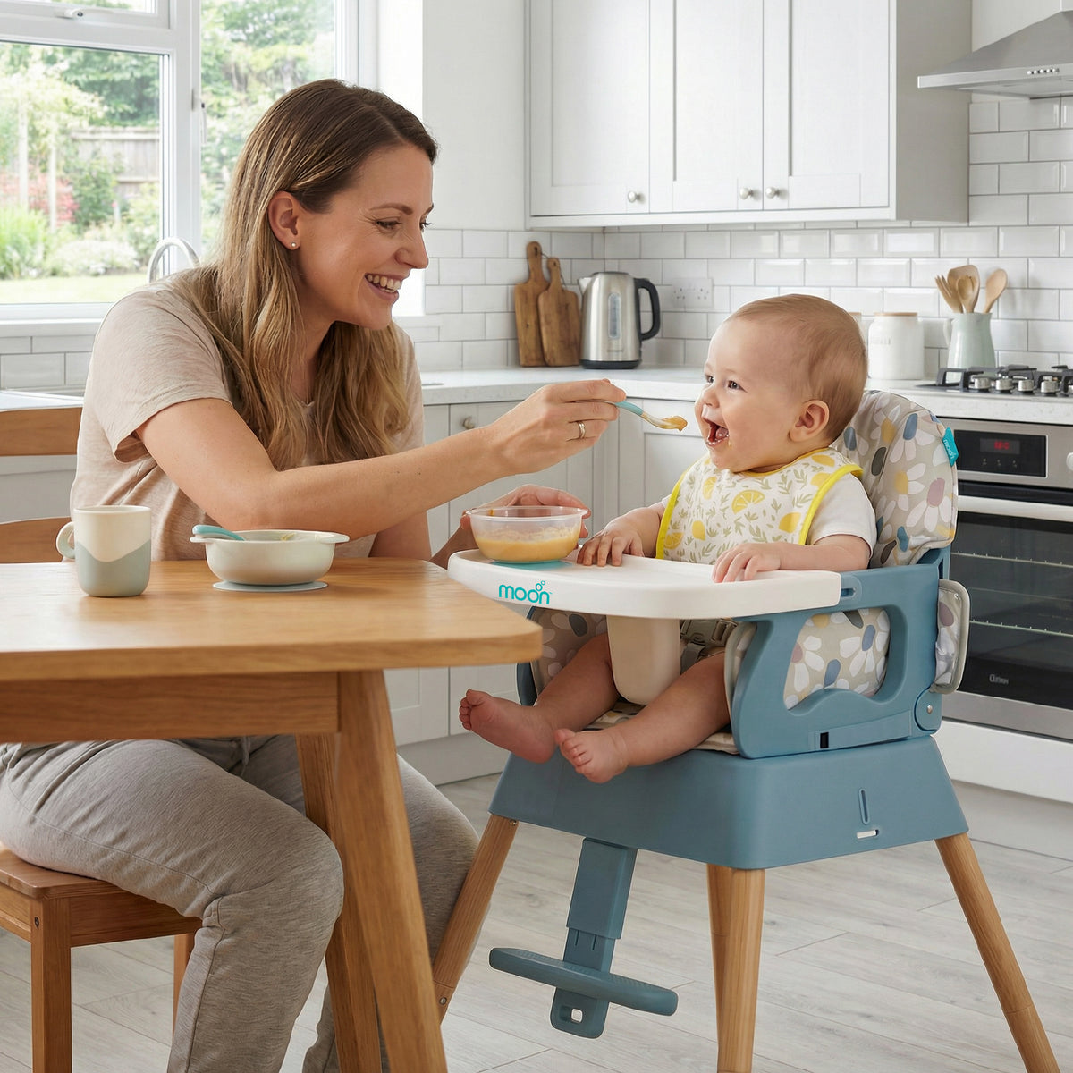The Moon Brand 5-in-1 Convertible -Highchair-Booster-Dining Chai-: Stylish, Space-Saving, and Safe Dining Solution for Babies and Kids-6m to 3yrs upto 15kgs - Beige