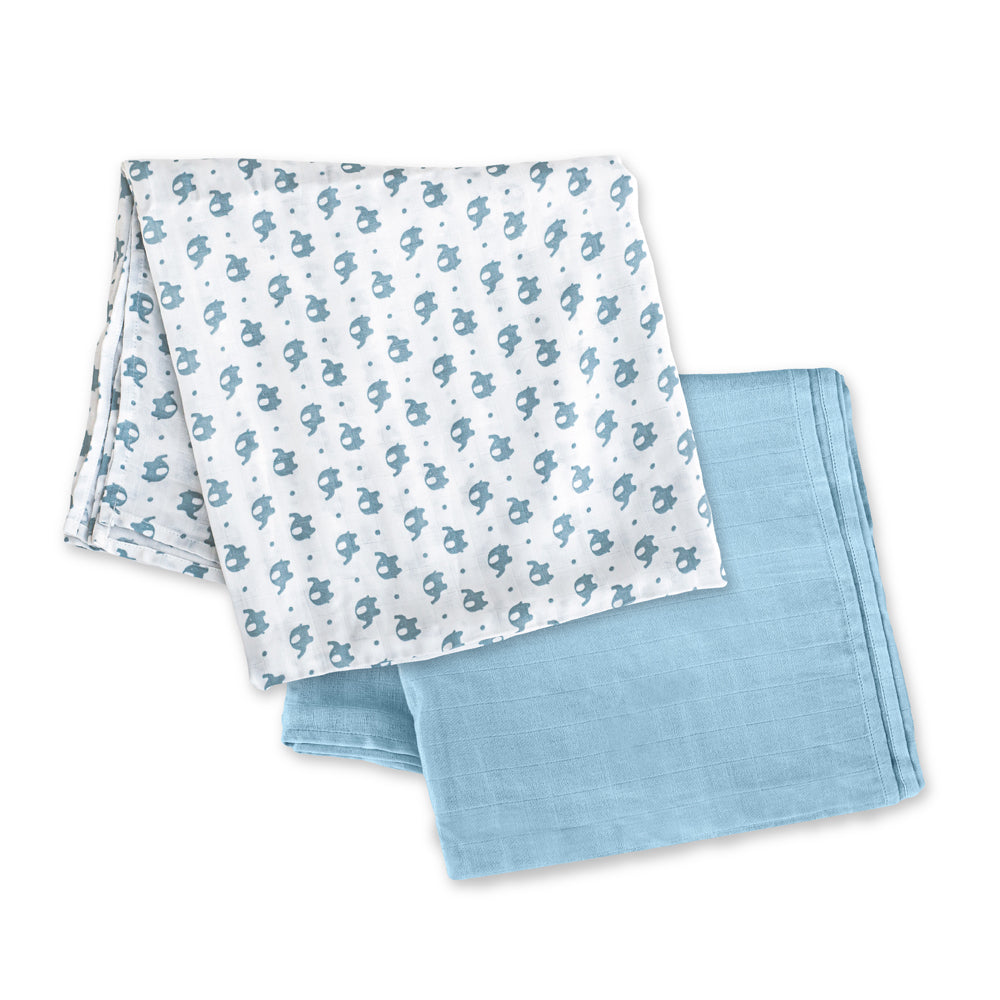 MOON Bamboo Muslin Wrap/ Swaddle-Elephant Print & Blue. - The Moon Brand™