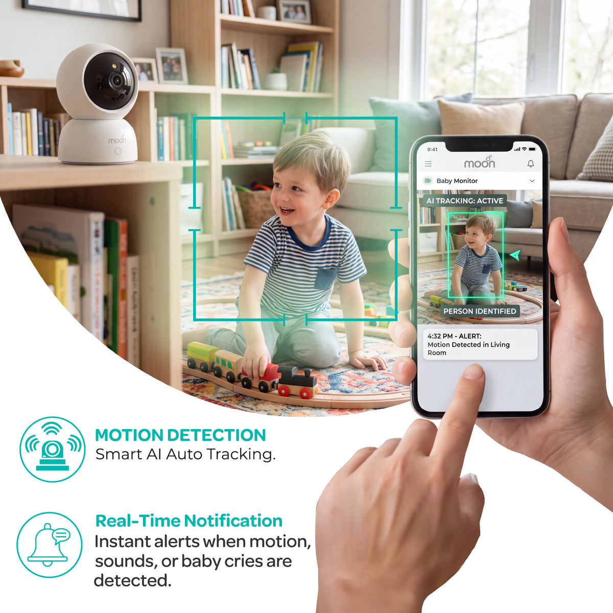 Moon Smart Baby Monitor M2 - 2K HD WiFi Camera with Night Vision,Two-Way Audio-White