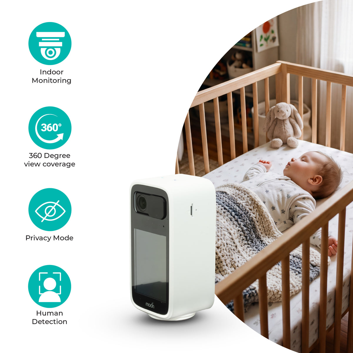 Moon Smart Baby Monitor with Camera and Audio, Color Night Vision, 2-Way Talk, Privacy Mode, Mount Stand Included-White