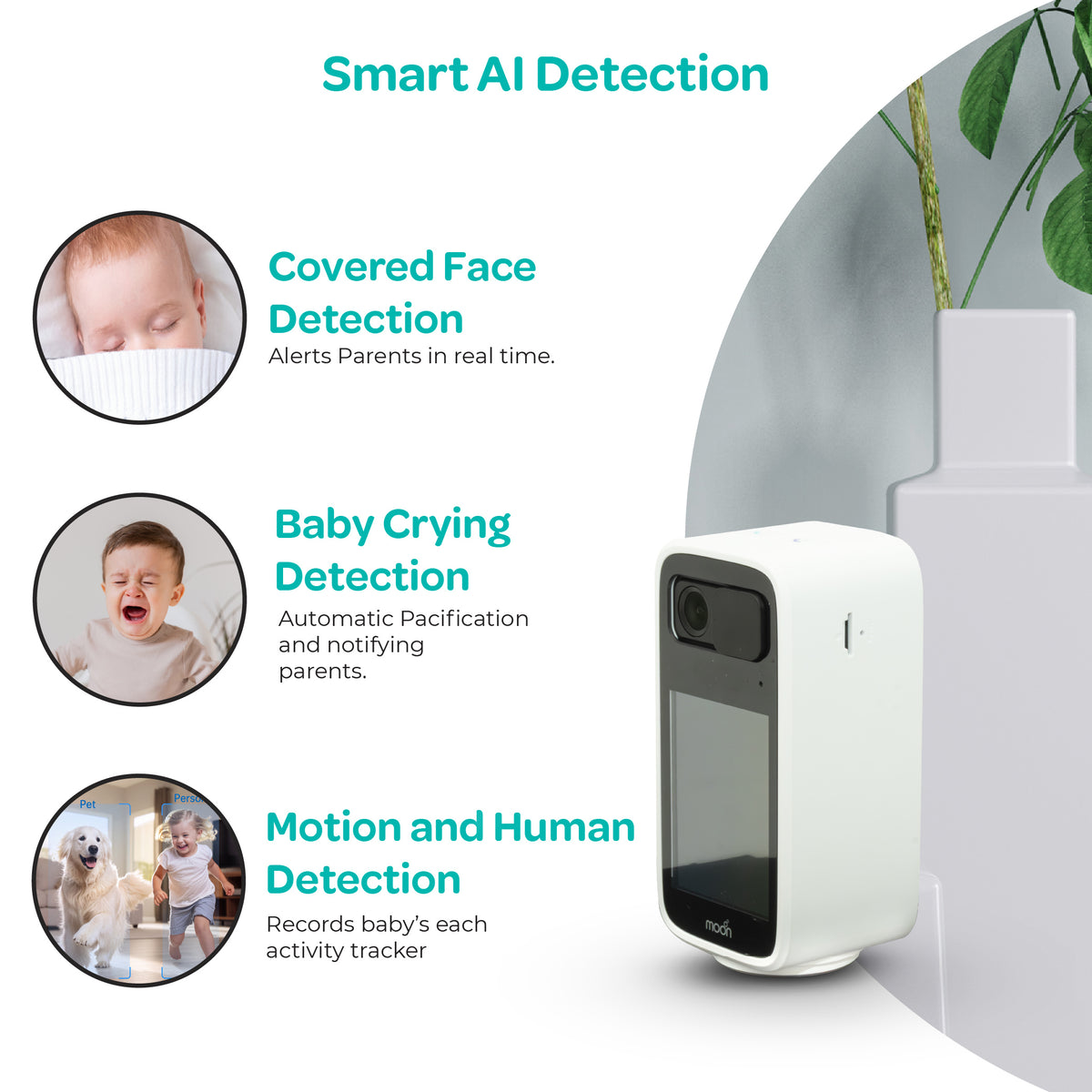 Moon Smart Baby Monitor with Camera and Audio, Color Night Vision, 2-Way Talk, Privacy Mode, Mount Stand Included-White