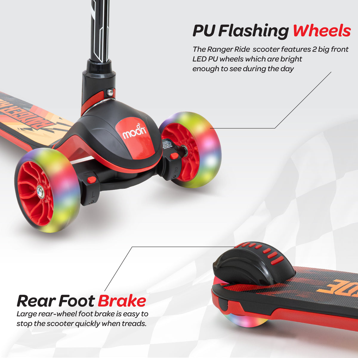 The Moon Brand Ranger Ride Skate Kids scooter with LED Wheels-Red