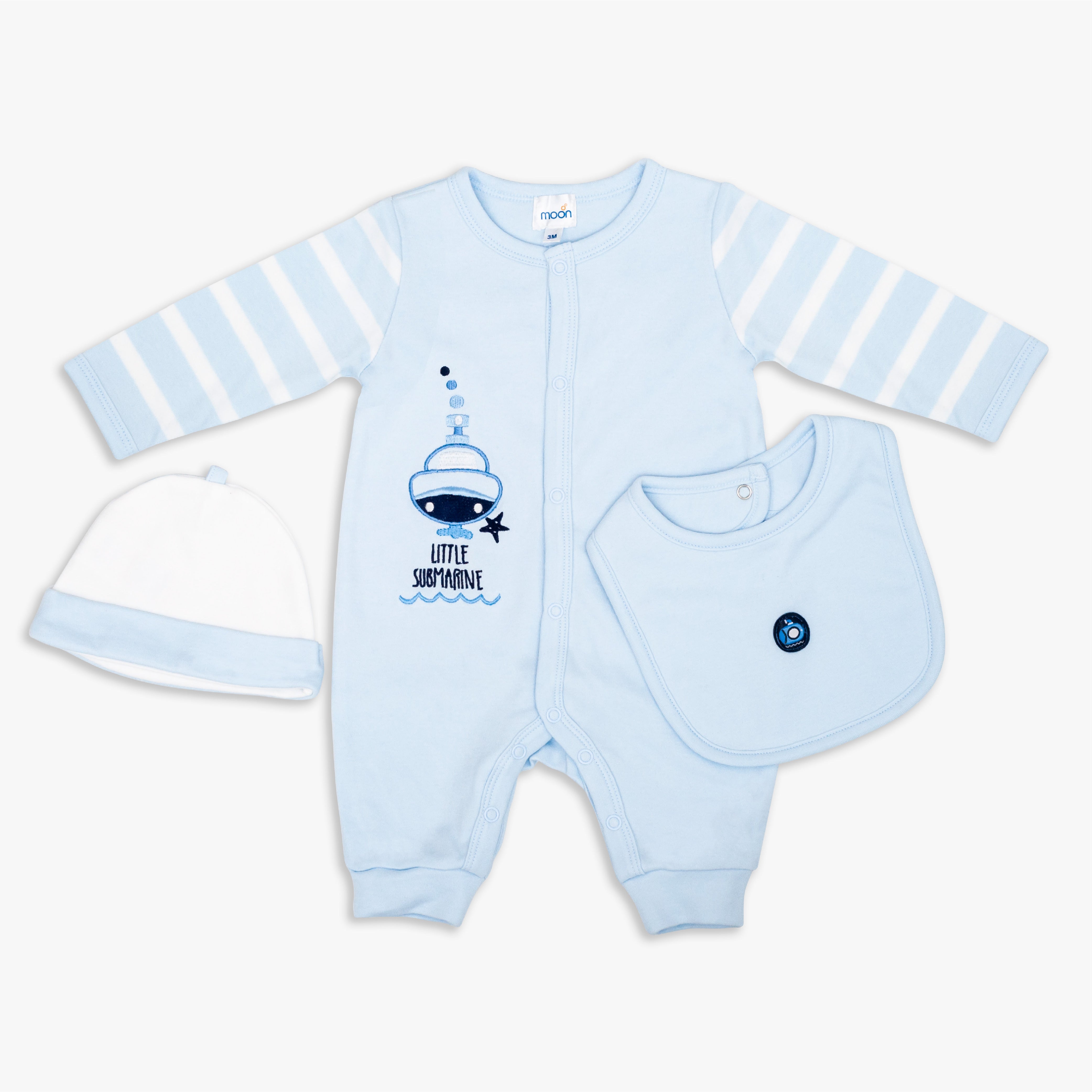 Sleepsuit Cap & Bib Set Blue - The Moon Brand™