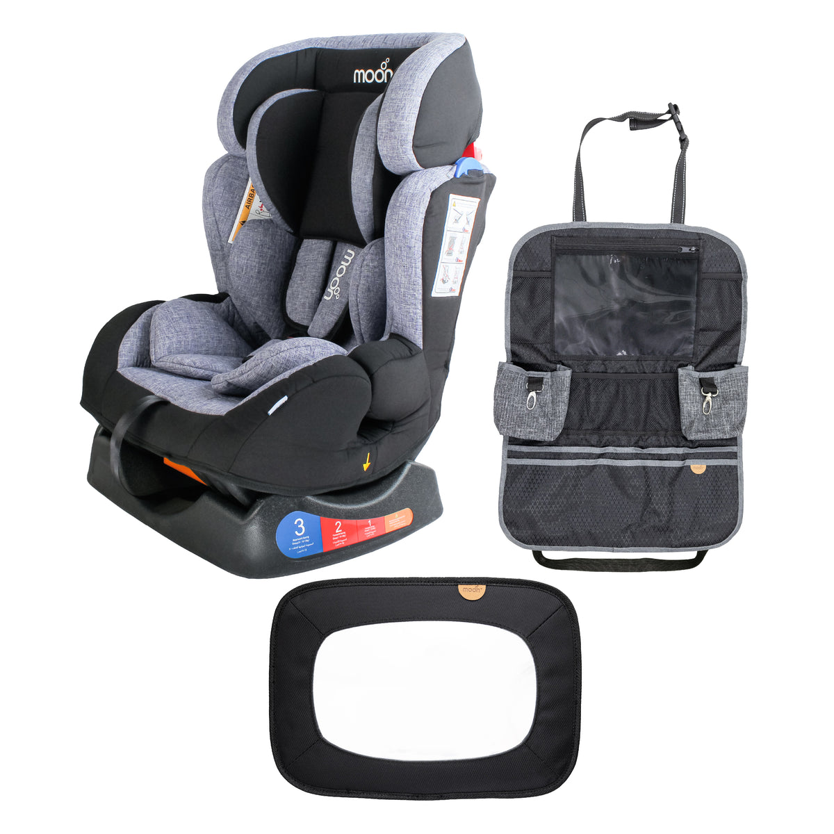 MOON Sumo Baby/Infant Car Seat (0-6 Years, 0-25 Kg, Violet Black) / Baby Back Seat Mirror (Black Twill) / Baby Back Seat Organizer (Black Prismatic) - The Moon Brand™