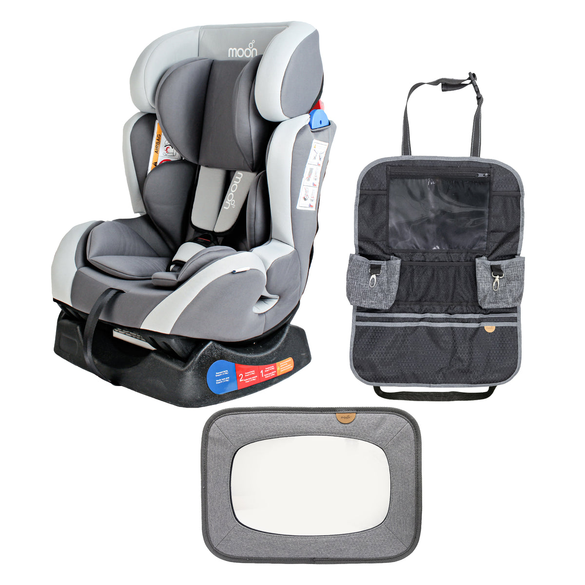 MOON Sumo Baby/Infant Car Seat (0-6 Years, 0-25 Kg, Light Grey) / Baby Back Seat Mirror (Grey) / Baby Back Seat Organizer (Black Prismatic) - The Moon Brand™