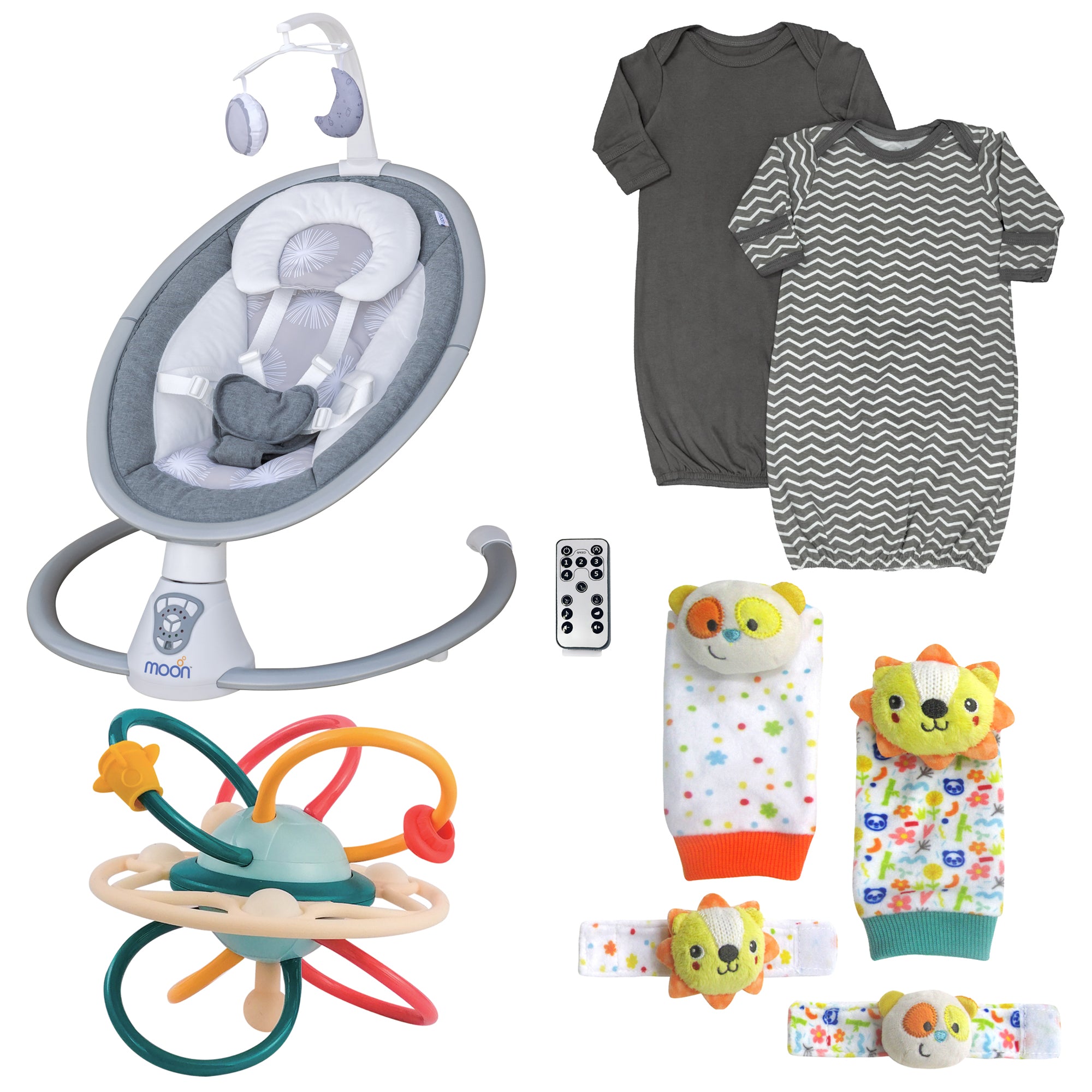 MOON Swing Grey / MOON Organic Sleep Gown Set of 2 (Grey,zig-zag Print) / MOON Foot and Wrist Rattle (Set of 4) / MOON Baby Teether Rattle - Soft Ball