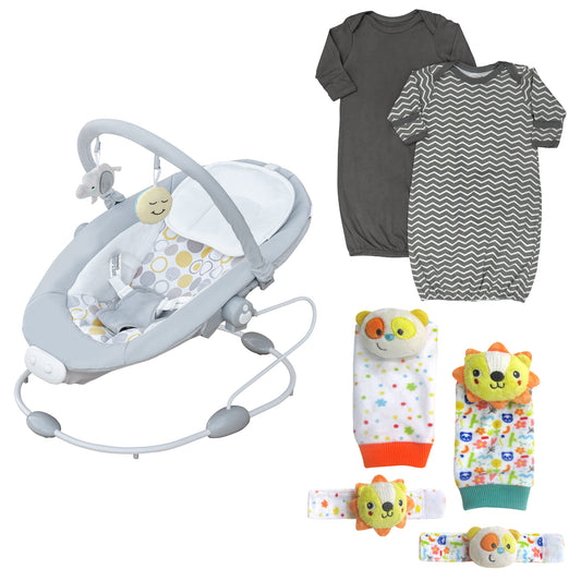 MOON Hopper Baby Bouncer (Grey) / MOON Organic Sleep Gown Set of 2 (Grey,zig-zag Print) / MOON Foot and Wrist Rattle (Set of 4)