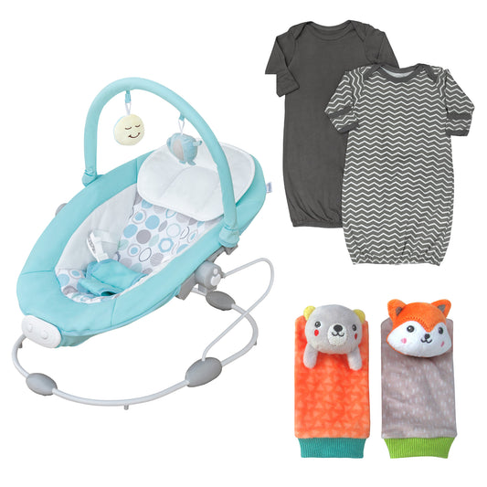 MOON Hopper Baby Bouncer (Blue) / MOON Organic Sleep Gown Set of 2 (Grey zig-zag Print) / MOON Tiny Tots Foot Rattle