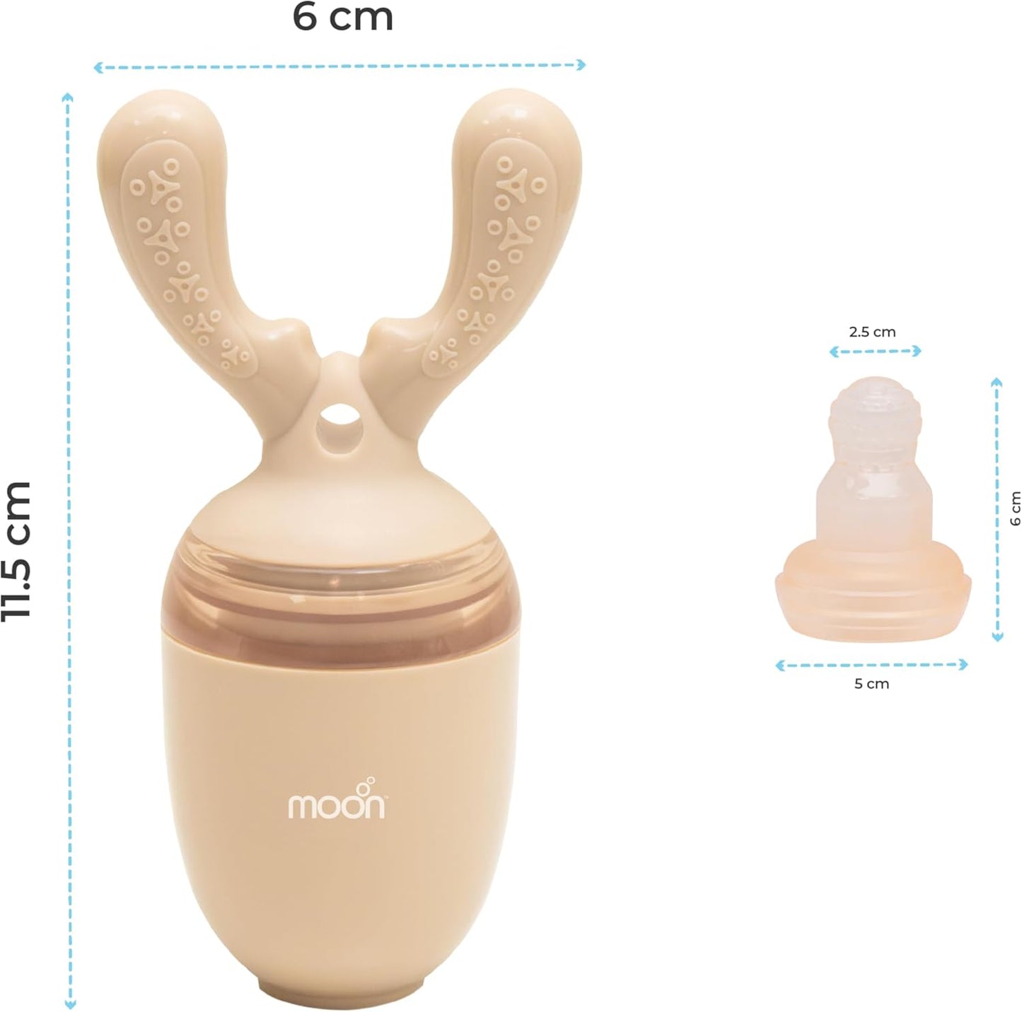The Moon Brand Baby Fruit Feeder Teether | Silicone Pacifier for Infants & Toddlers | BPA-Free Snack Holder,Chewing Trainer, Kids Safe Gum Soother, Food Pulper with Soft Pouch- Beige