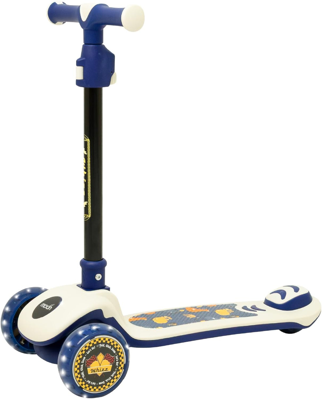 The MOON Brand Whizz Foldable 3-Wheel Kids Scooter– Adjustable Handlebar Lean-to-Steer LED Light-Up Wheels Toddler Scooter for Boys & Girls for Ages 3 Years+ -Dinosaur Design -White