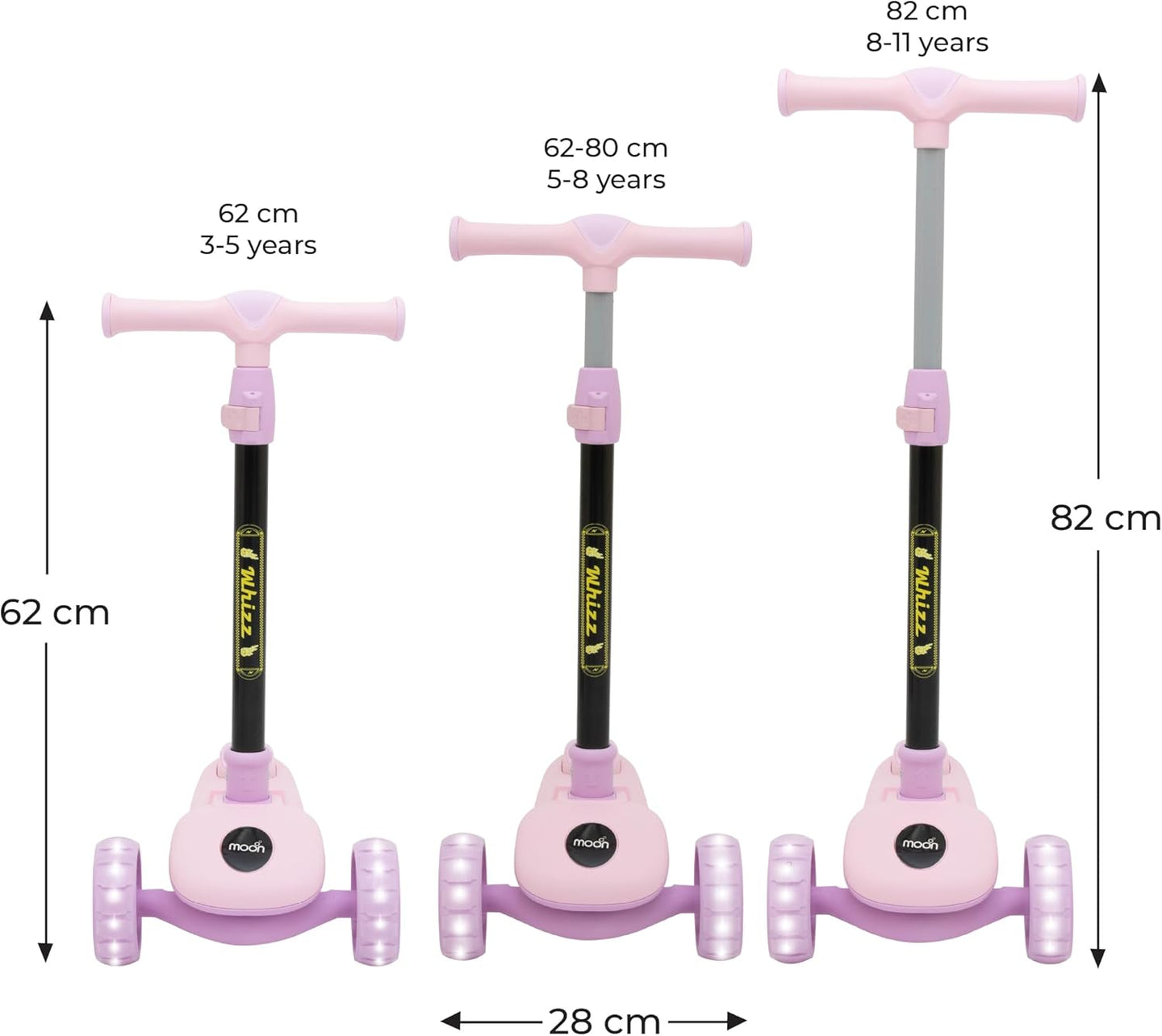 The MOON Brand Whizz Foldable 3-Wheel Kids Scooter– Adjustable Handlebar Lean-to-Steer LED Light-Up Wheels Toddler Scooter for Boys & Girls for Ages 3 Years+ -Little Pony -Pink